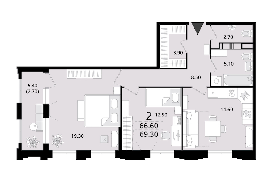 2-комнатная квартира 69.3 м², 6/13 эт., ЖК «Тайм Сквер»